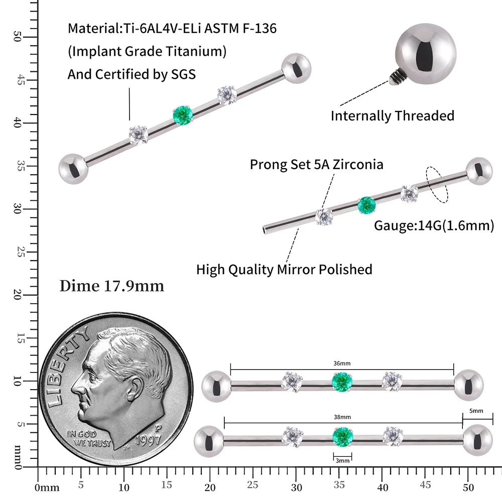 Cute industrial piercing titanium 14G feminine industrial barbell piercing silver with cz 36mm 38mm