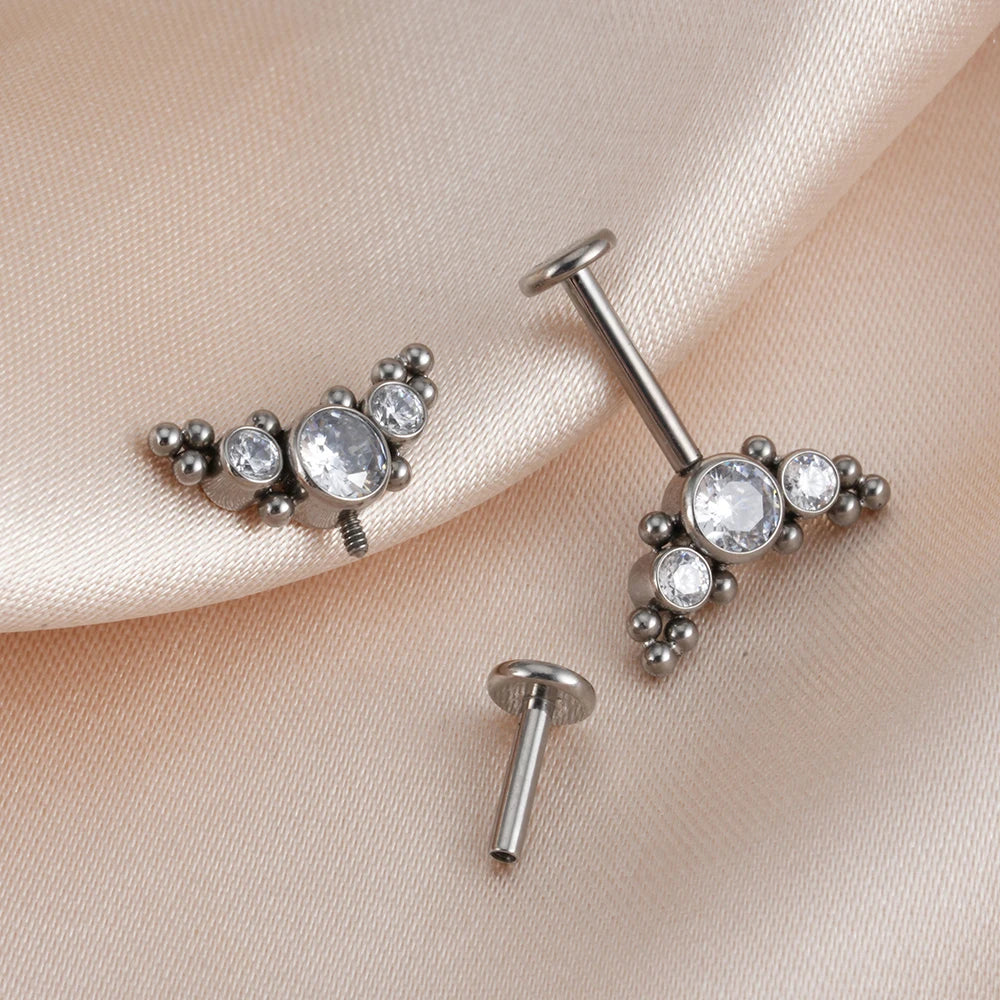 Vertical helix piercing with beads and clear cz stones in silver titanium stud earring 16G