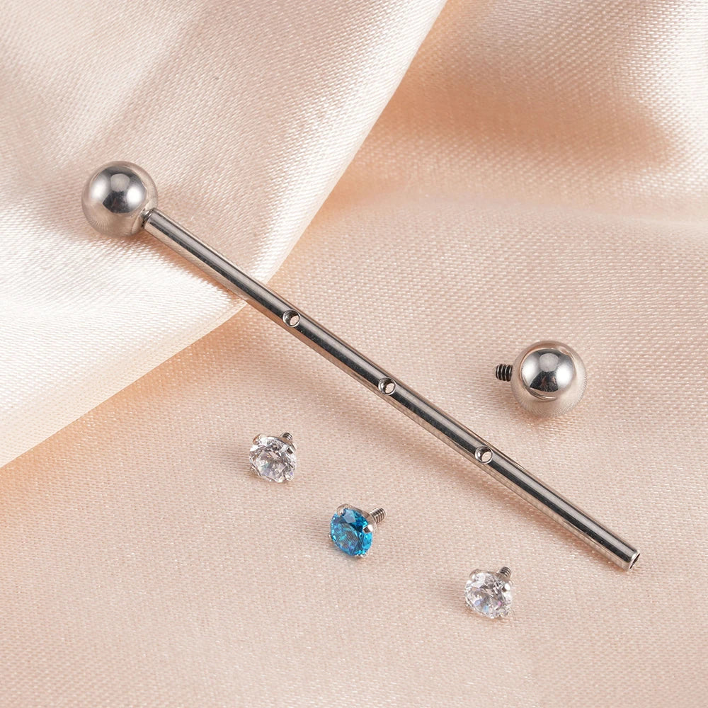 Cute industrial piercing titanium 14G feminine industrial barbell piercing silver with cz 36mm 38mm