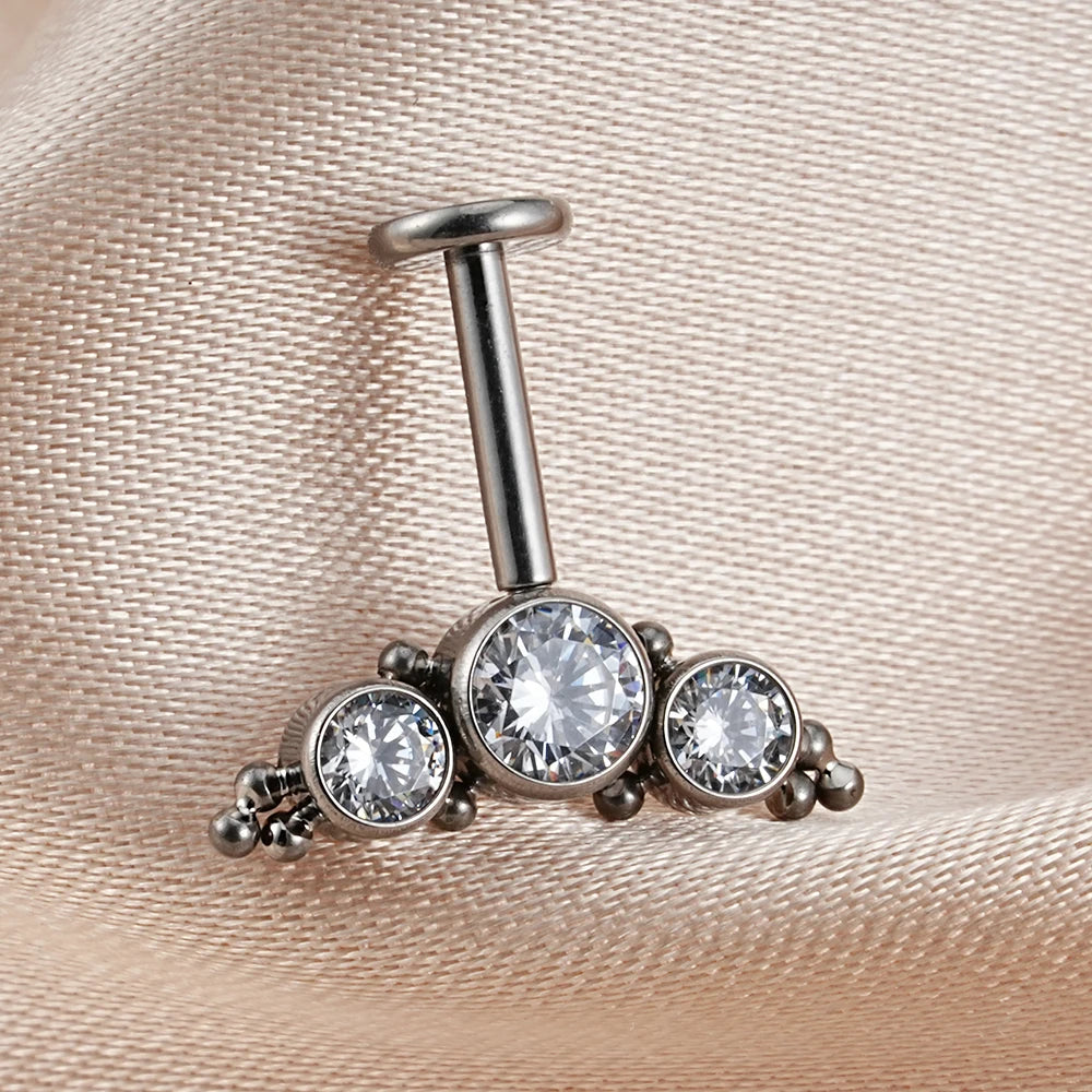 Vertical helix piercing with beads and clear cz stones in silver titanium stud earring 16G