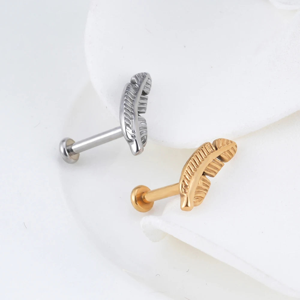 Orecchino piuma perno titanio labret stud oro argento 16G retro piatto filettato internamente