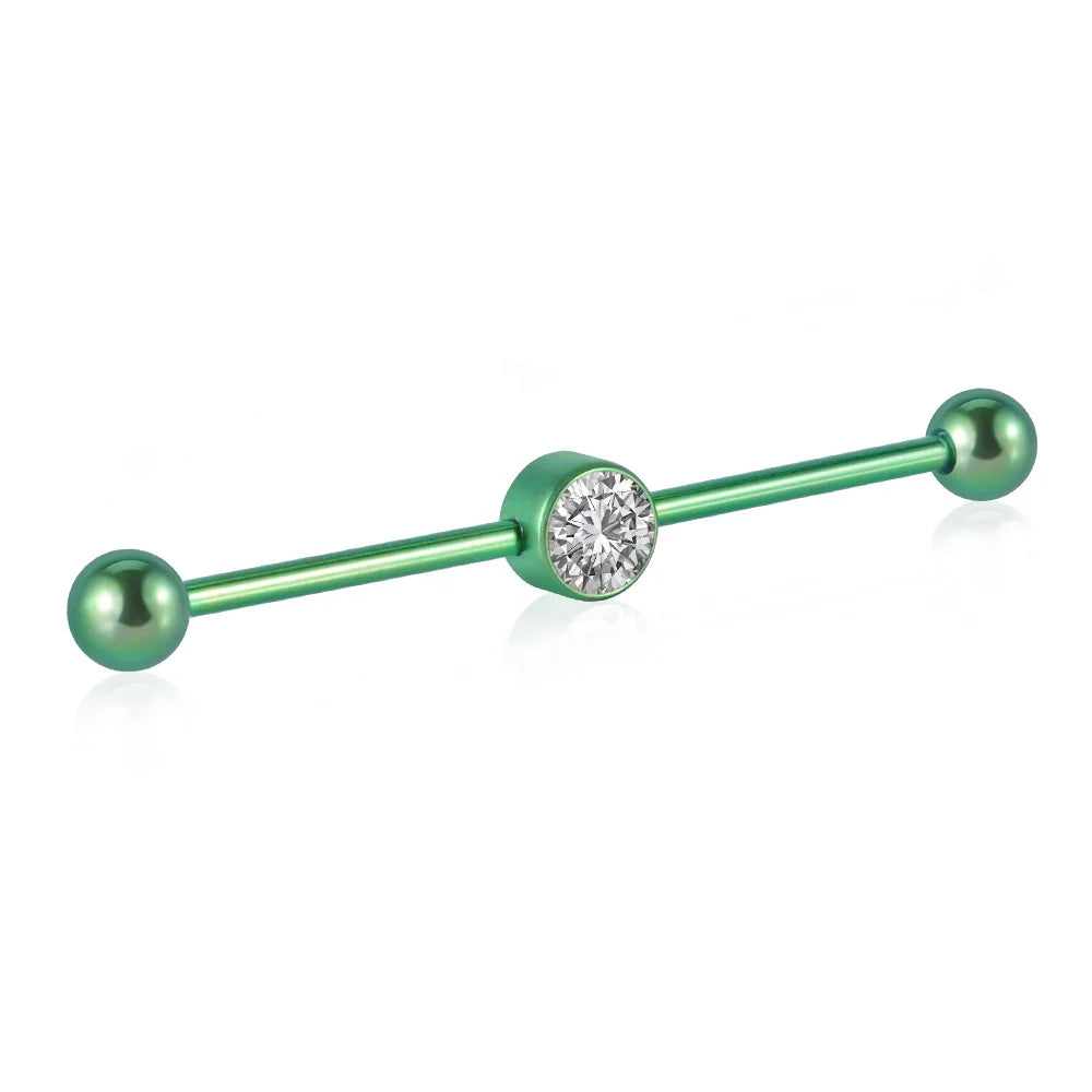 Cool industrial piercing with a clear diamond titanium industrial barbell 14G 38mm pink green blue silver