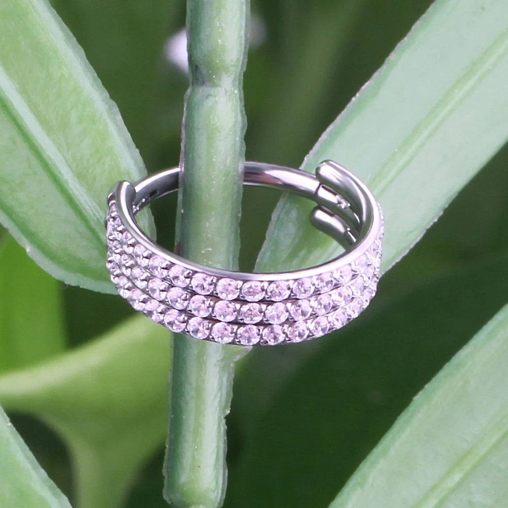 Thick conch hoop chunky conch ring with three layers of diamonds titanium 16G