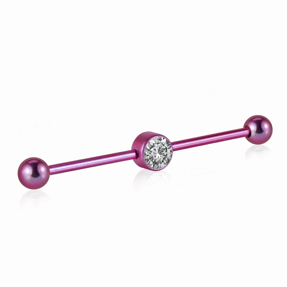 Cool industrial piercing with a clear diamond titanium industrial barbell 14G 38mm pink green blue silver