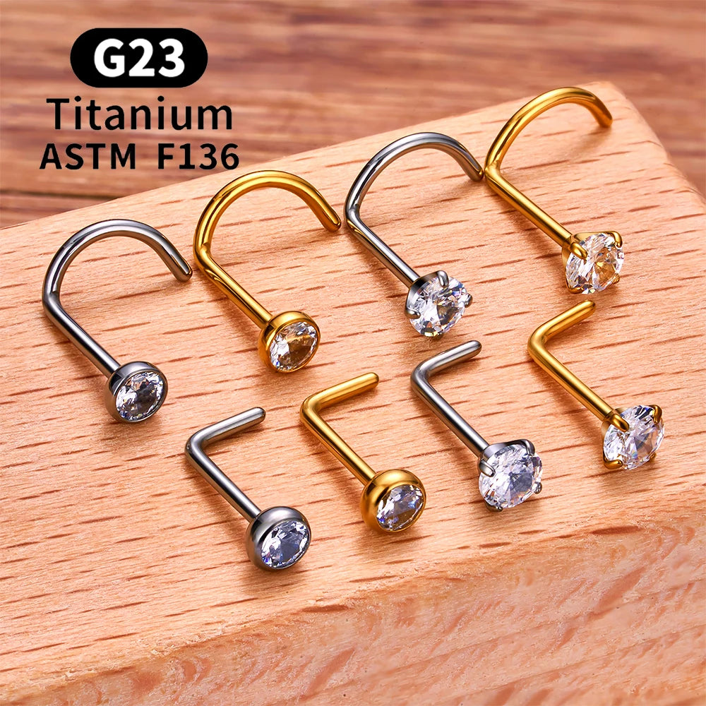 Gold corkscrew nose ring titanium screw nose stud 20G with CZ