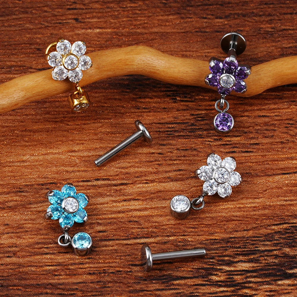 Orecchino a elica di fiori con orecchino pendente in titanio CZ blu chiaro viola 16G piercing a conchiglia