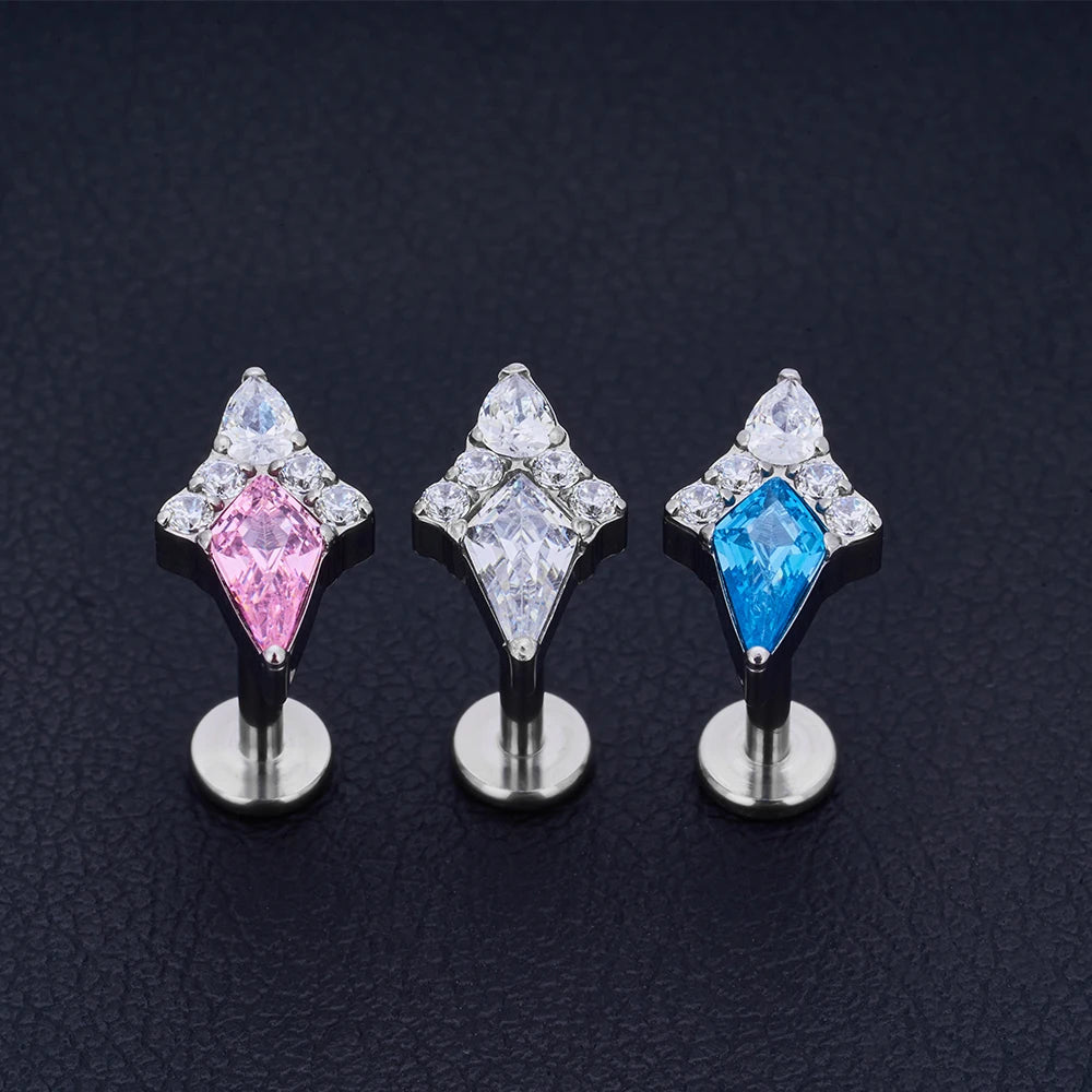 Piercing trasparente Ashley con perno per labbra in titanio con diamante blu rosa chiaro e perno per naso e orecchio 16G