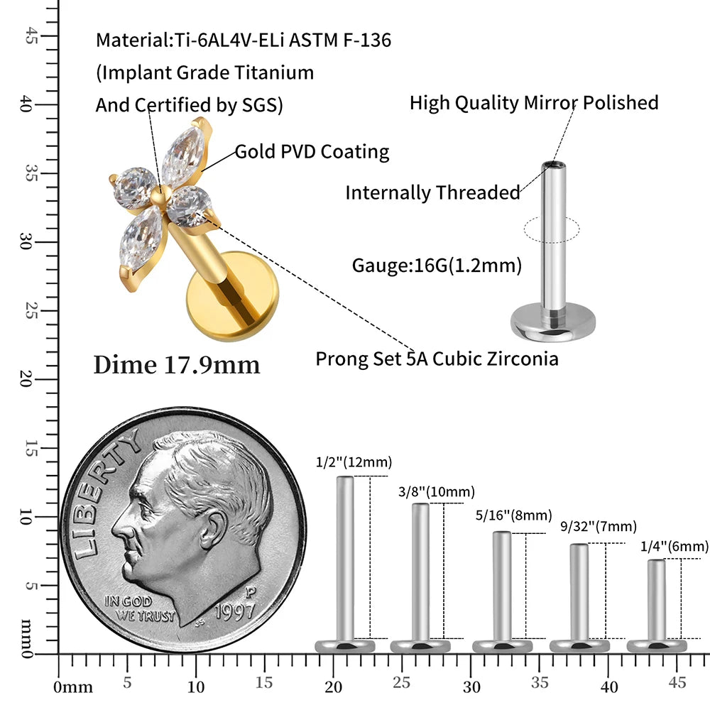 Perno posteriore piatto in titanio con pietre CZ orecchino a bottone in oro argento 16G
