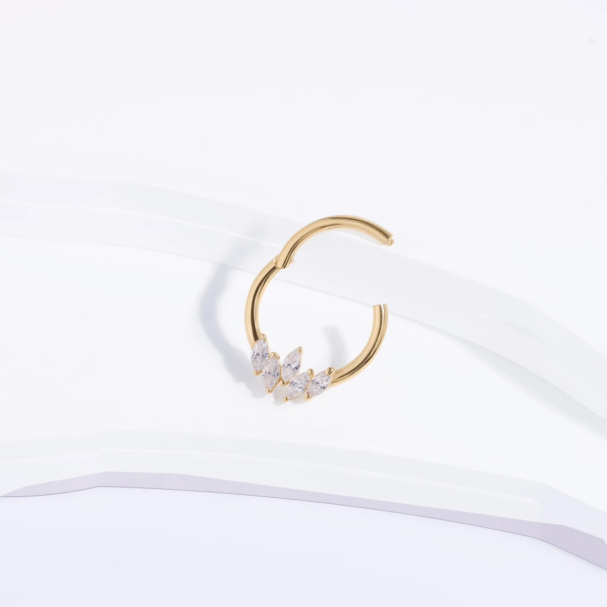 14k gold septum ring with clear CZ stones solid gold hinged segment clicker ring nose ring 16G