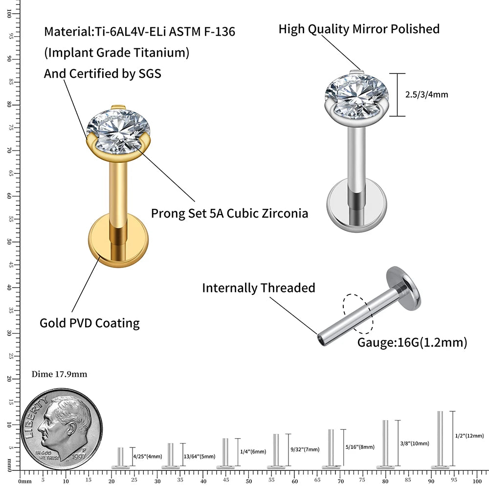 Orecchino a bottone con diamante singolo con pietra cz titanio 2,5 mm 3 mm 4 mm labret stud 16G flatback