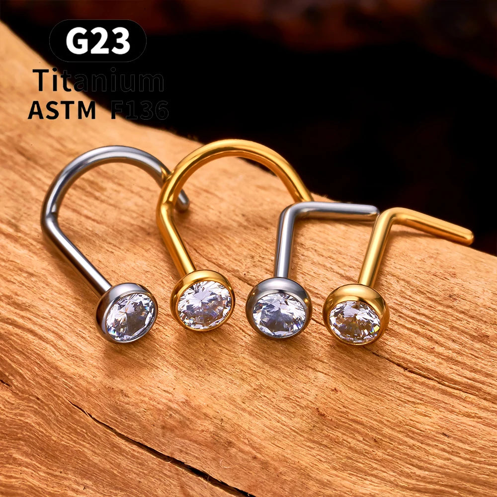 Gold corkscrew nose ring titanium screw nose stud 20G with CZ