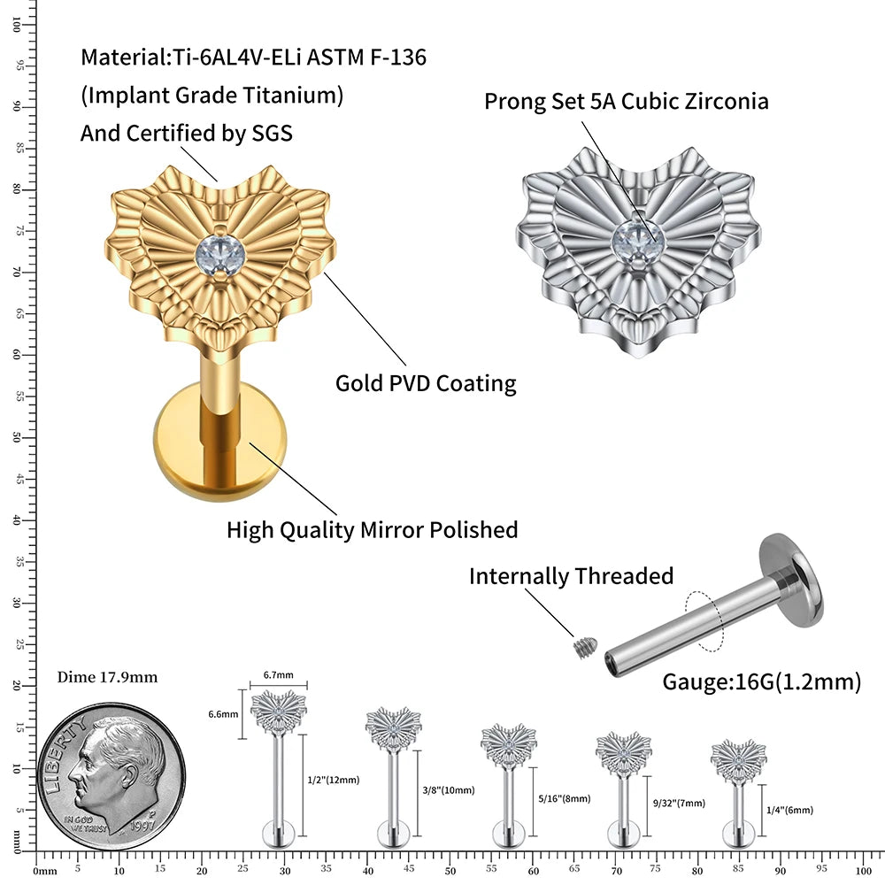 Orecchino a bottone in titanio di grado implantare a forma di cuore con retro piatto 16G oro argento