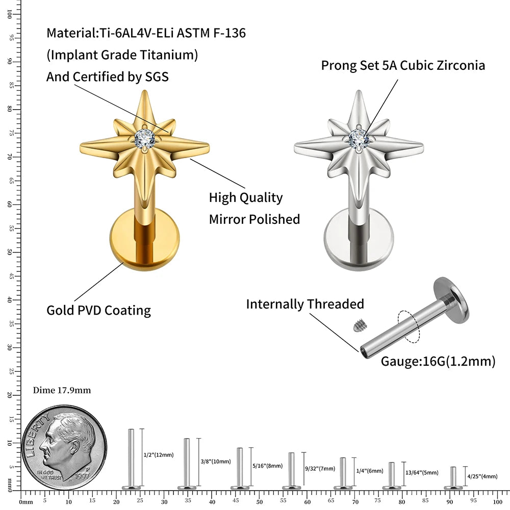 Inner conch stud with a star and a diamond flat back 16 gauge gold silver titanium