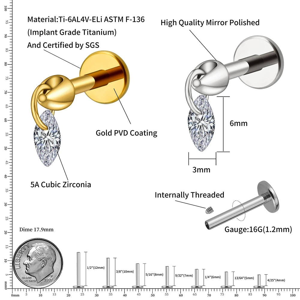 Piercing ad elica pendente con orecchino a goccia in titanio CZ trasparente, piercing a conchiglia 16G