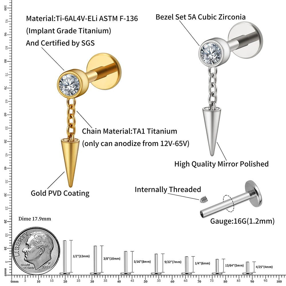 Spike helix piercing titanium dangle earring stud with a clear diamond and a chain silver and gold