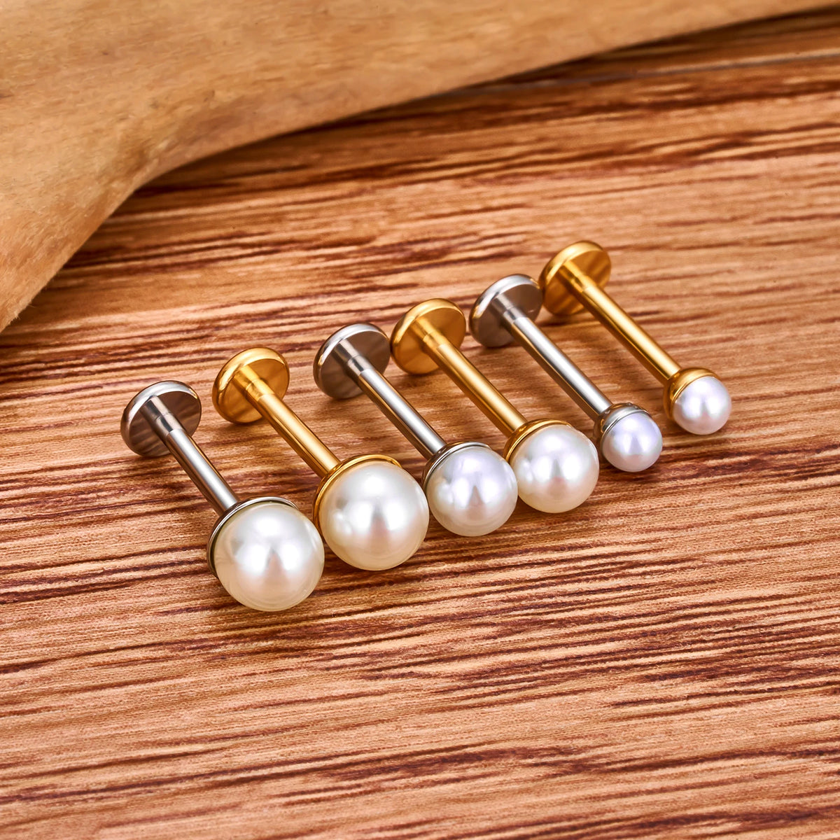 Pearl nose stud in gold and silver titanium lip stud ear stud 16G