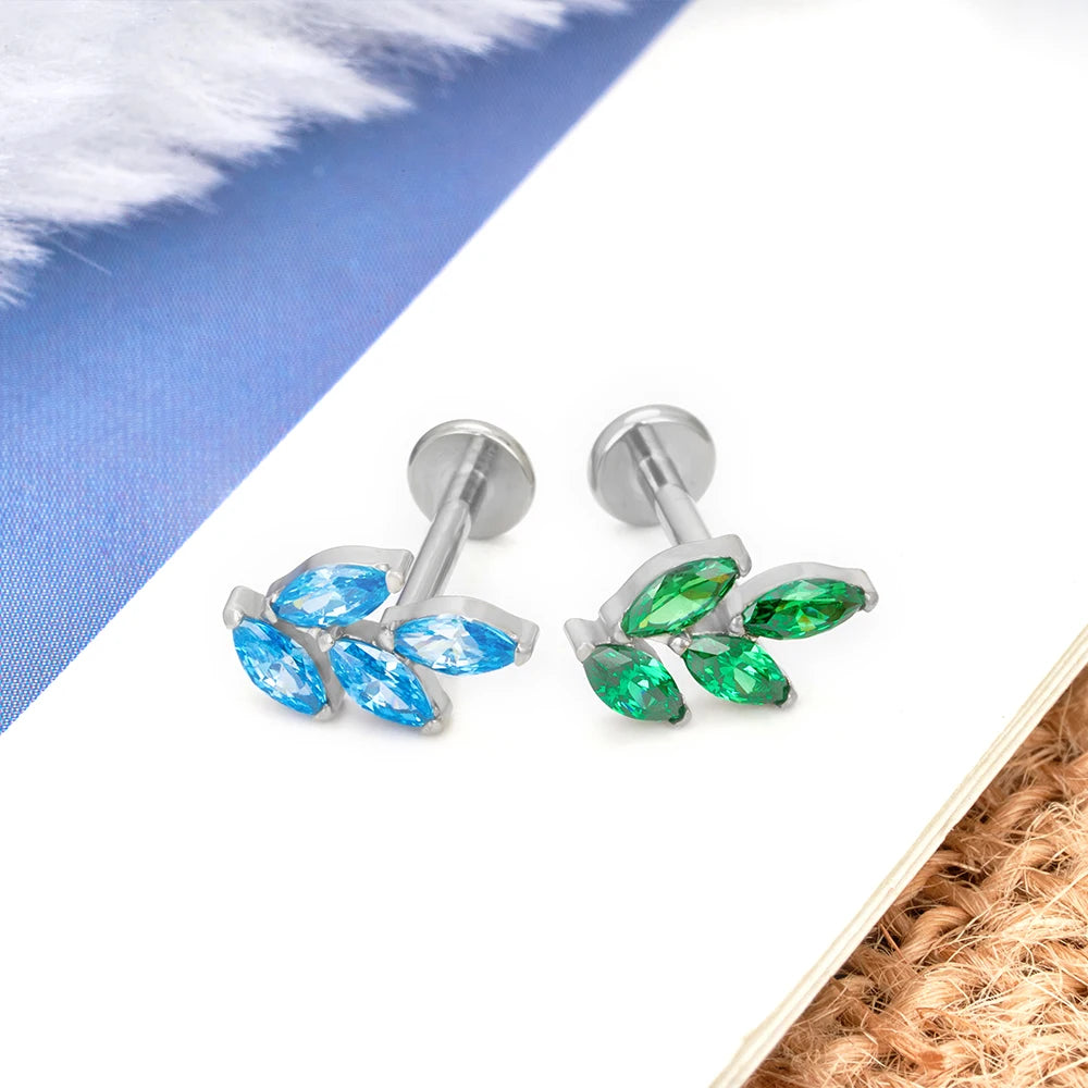 Forward helix stud 16G titanium leaf with CZ stones cute clear pink green blue