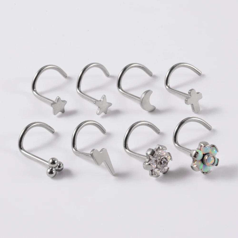 Corkscrew nose stud with 3 dots titanium silver nose ring 20G 6mm