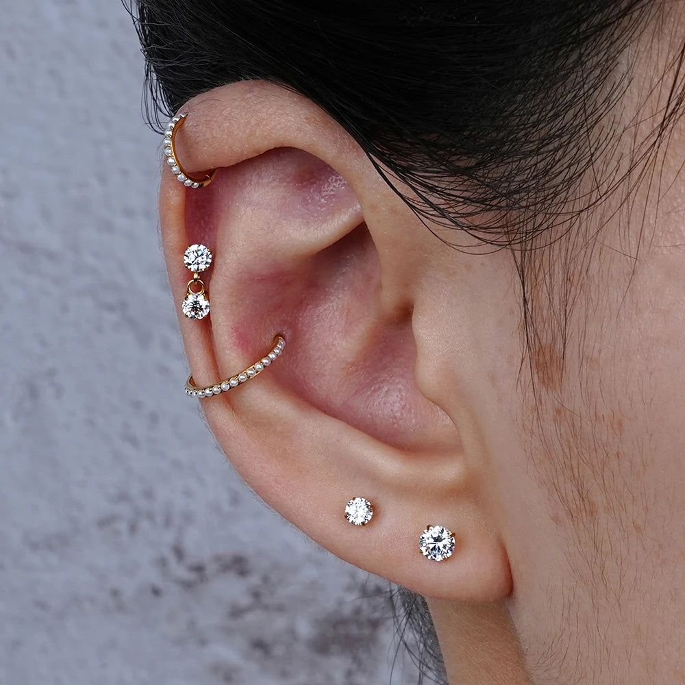 Auricle piercing stud with clear cz stones Auricle dangle earring titanium stud 16G