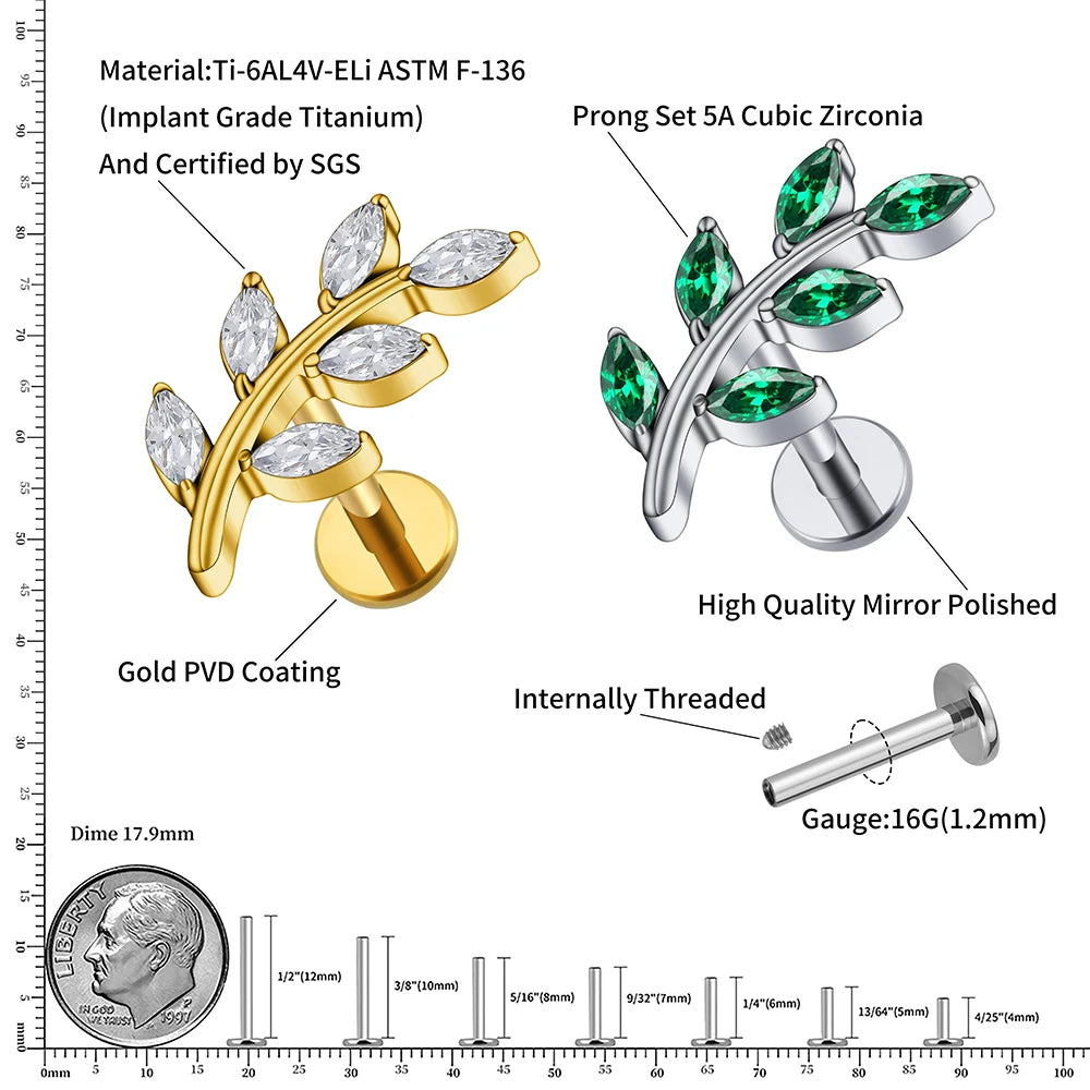 Orecchino a perno a foglia con perno a conchiglia con piercing elicoidale in titanio e diamante 6 perno a foglia