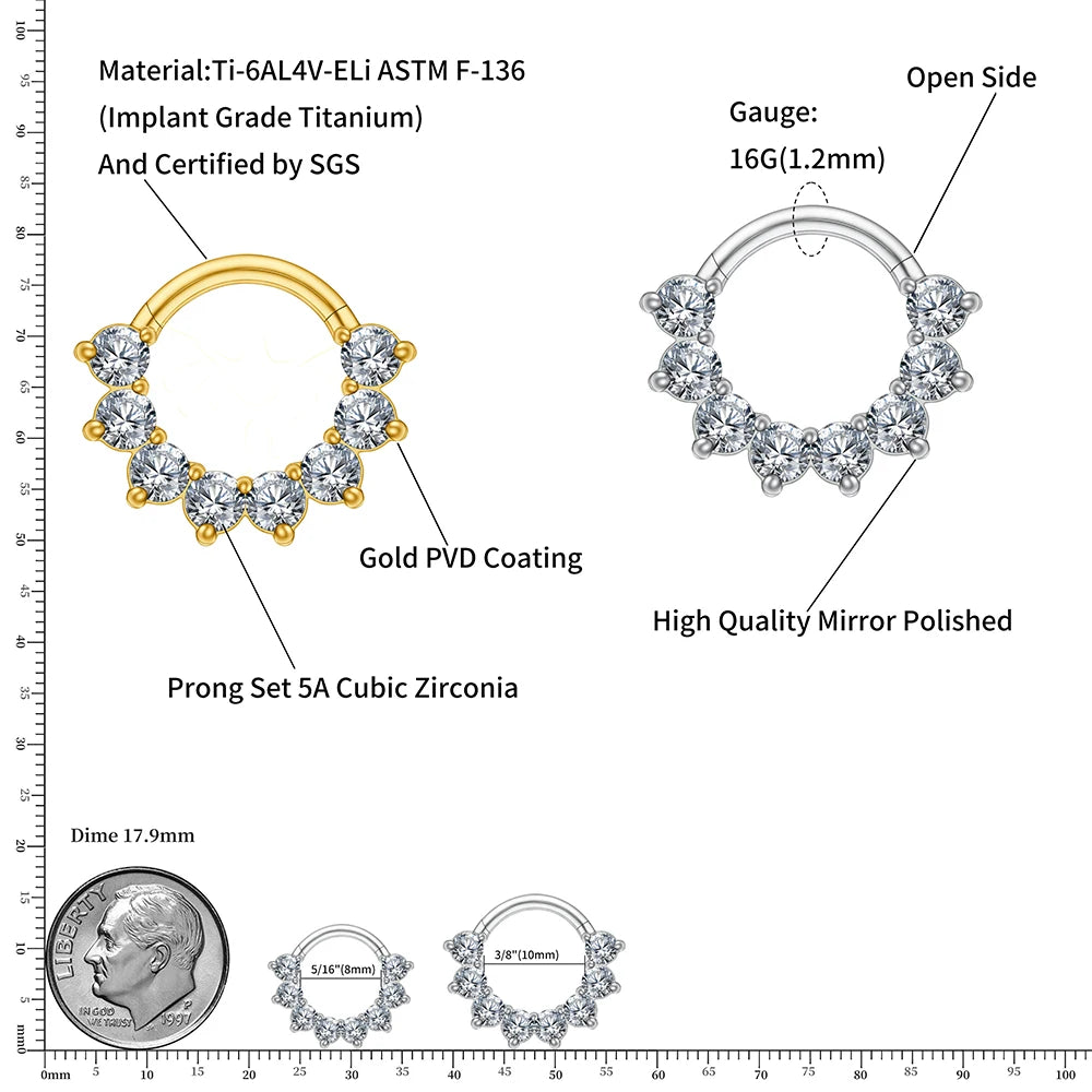 Diamond daith earring gold and silver 16G titanium with CZ stones septum clicker ring