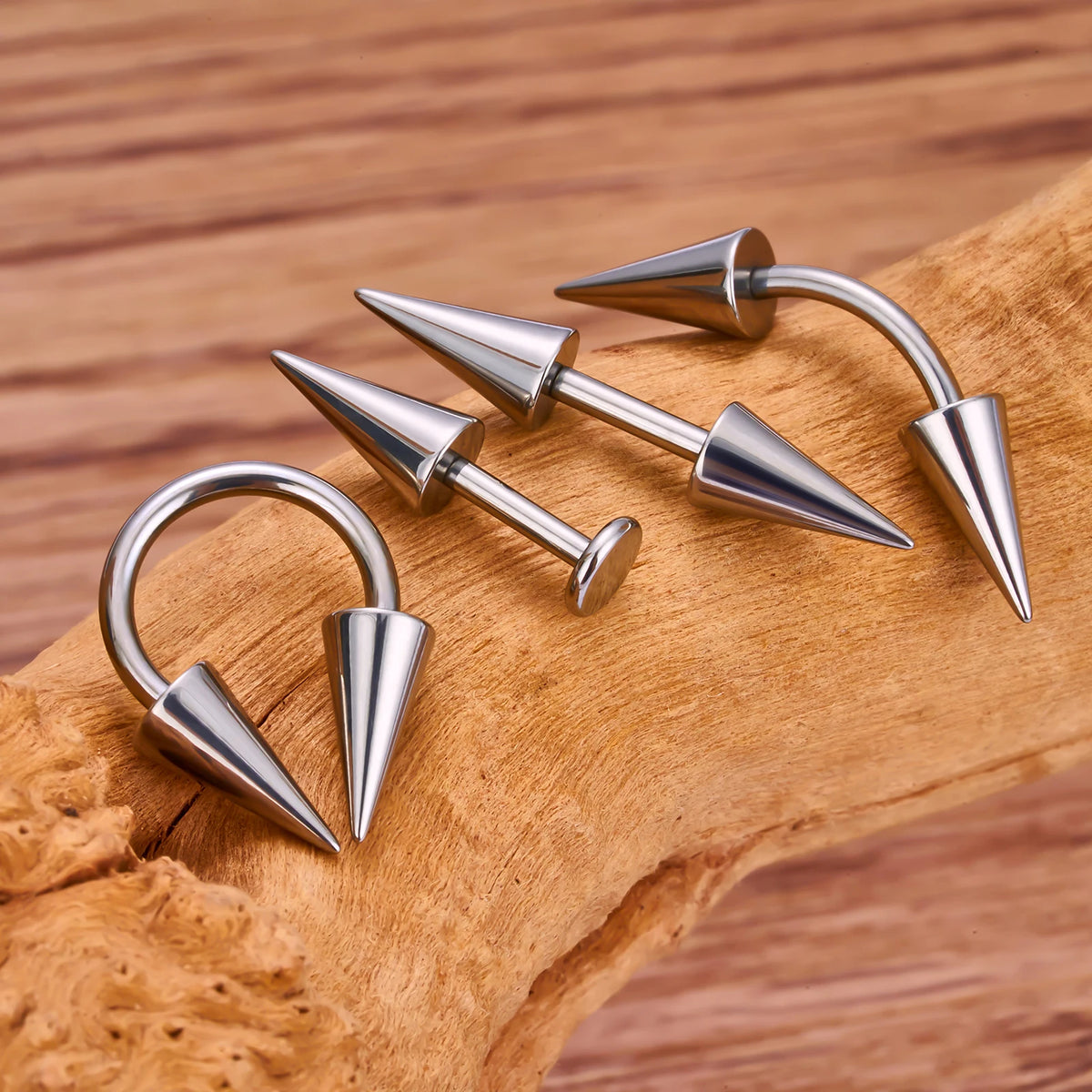 Vertical snake bite piercing with long spikes titanium horseshoe barbells 16G