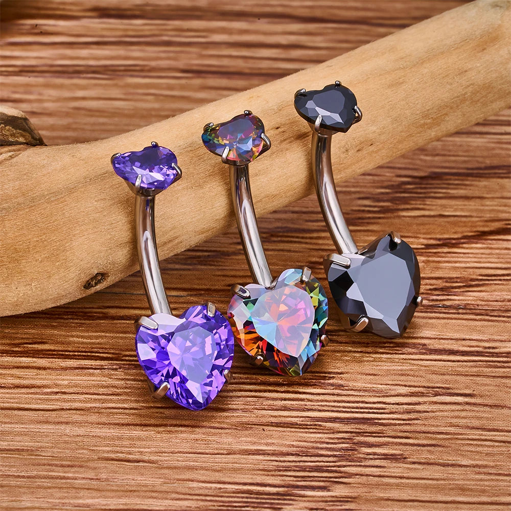 Anello per ombelico a cuore con piercing all'ombelico a cuore in titanio CZ rosa chiaro rosso viola nero