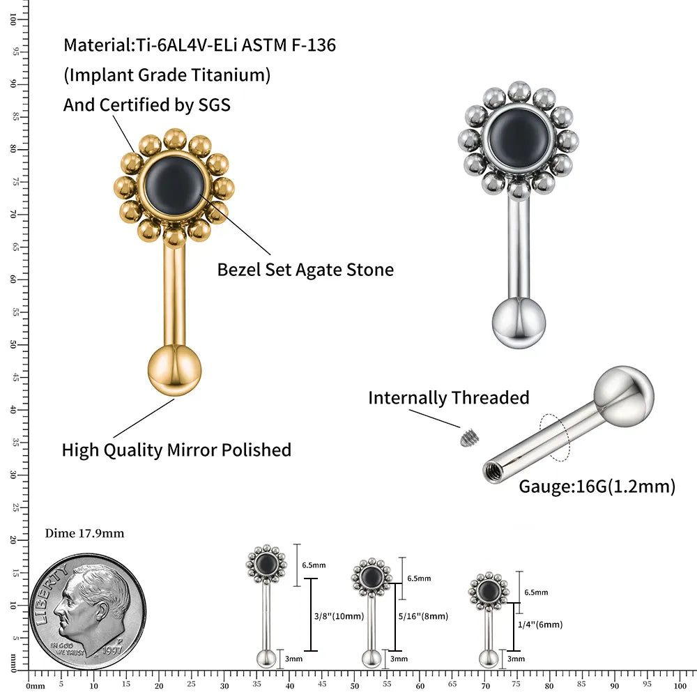Piercing a torre d'oro con una pietra preziosa naturale, un orecchino a torre con fiore in titanio 16G con bilanciere in agata nera