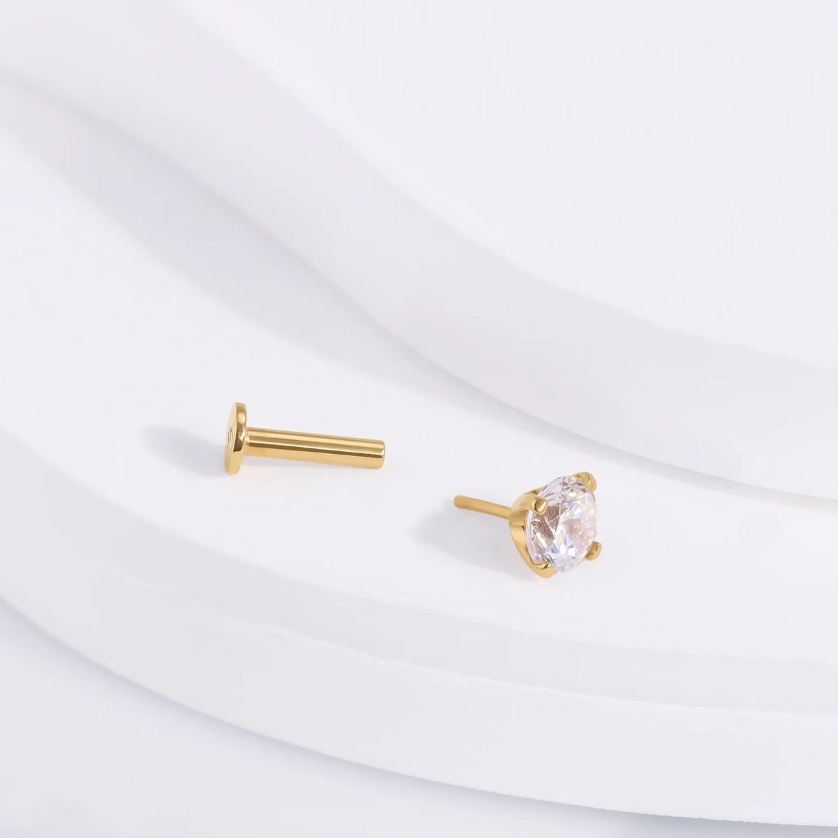 14k gold stud earring with a clear CZ stone nose stud ear stud lip stud piercing stud flat back labret stud