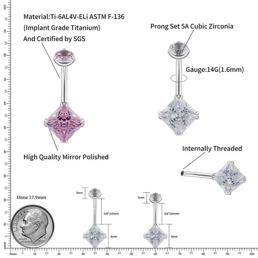 Anello da pancia con diamante e piercing all'ombelico in titanio con zirconi quadrati