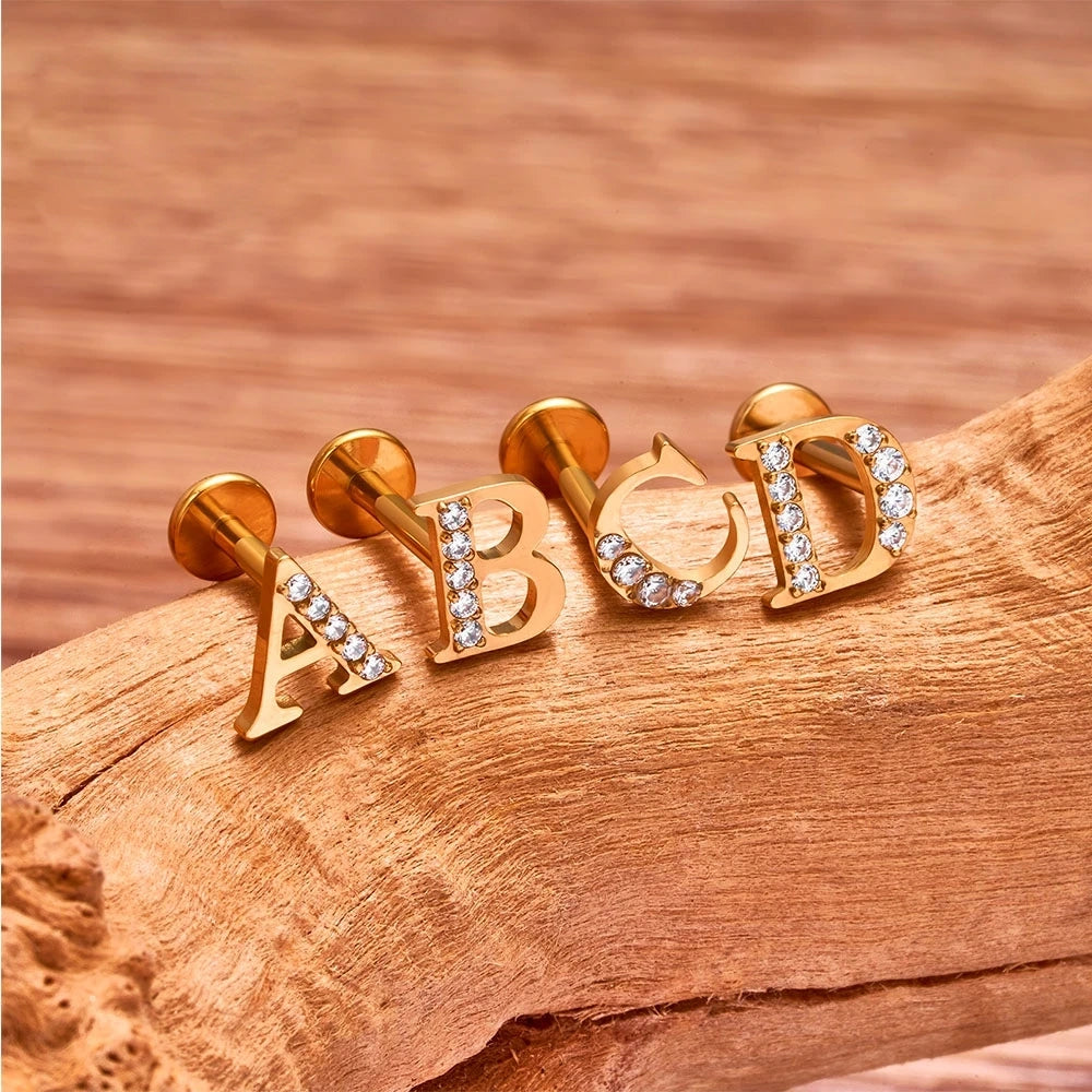 Letter nose stud single letter stud earring in gold and silver with diamond cz titanium A B K