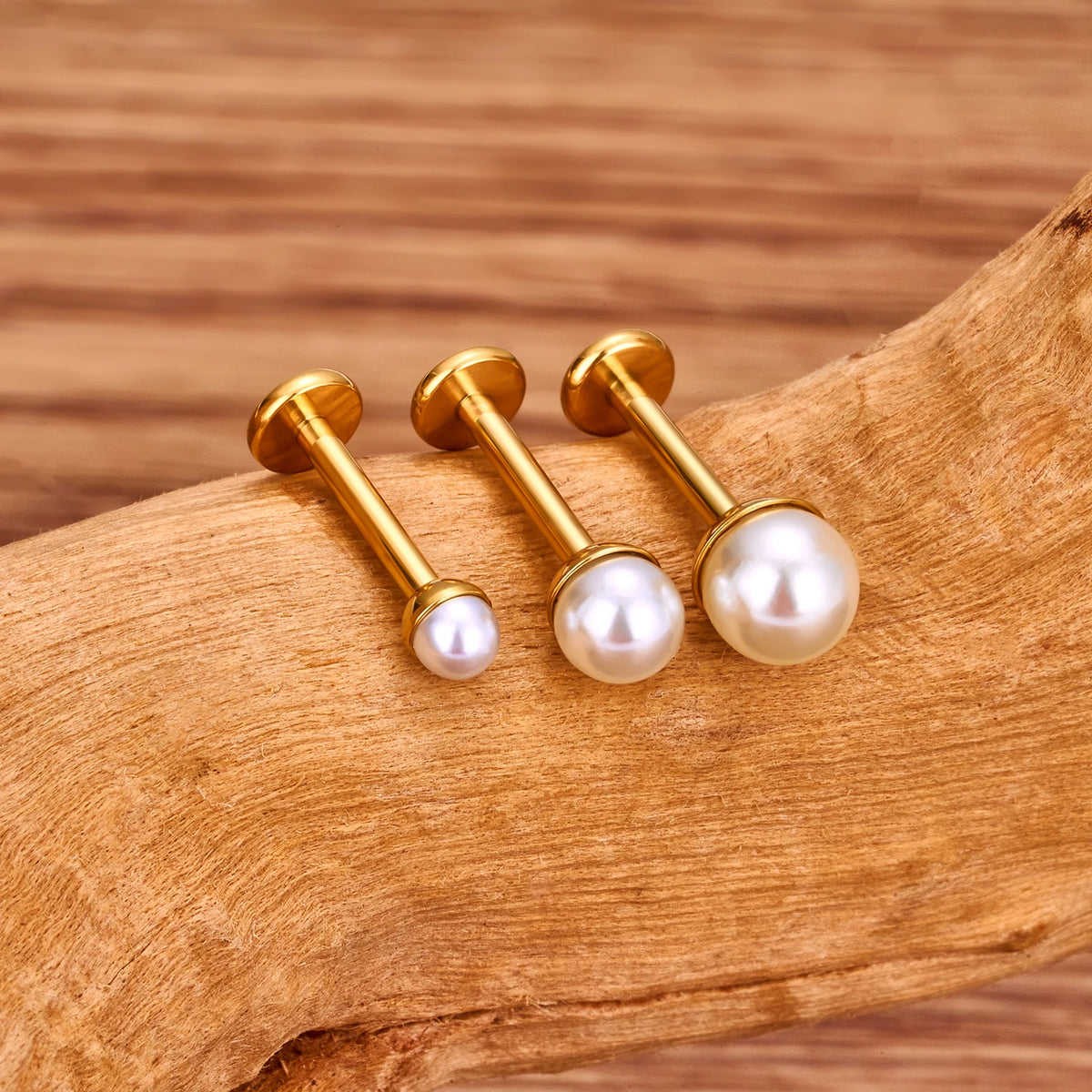 Pearl nose stud in gold and silver titanium lip stud ear stud 16G