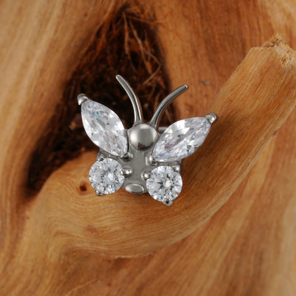 Labret piercing stud cute with a butterfly 16G implant-grade titanium flat back CZ stone