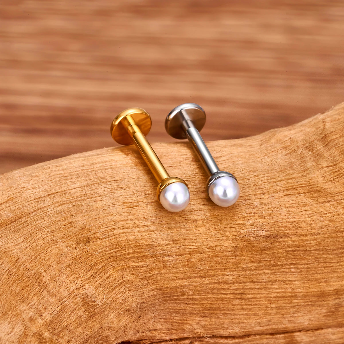 Pearl nose stud in gold and silver titanium lip stud ear stud 16G