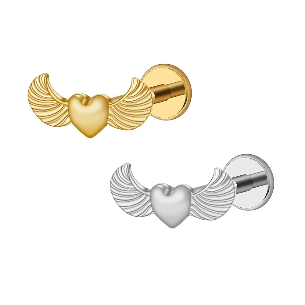 Angel wing earring stud with a heart nose stud titanium piercing stud