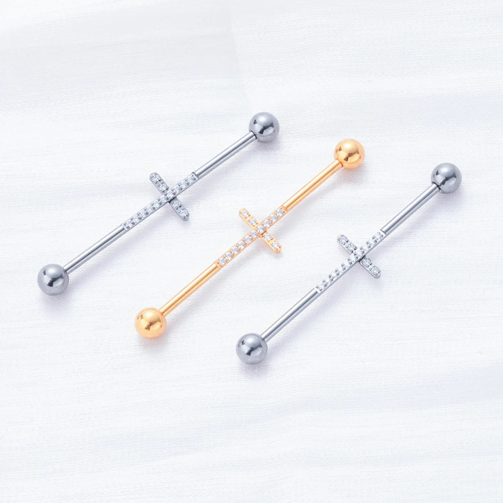 Cross industrial piercing titanium industrial barbell 16G 14G with a cross 35mm 36mm 38mm with CZ industrial bar piercing gold silver