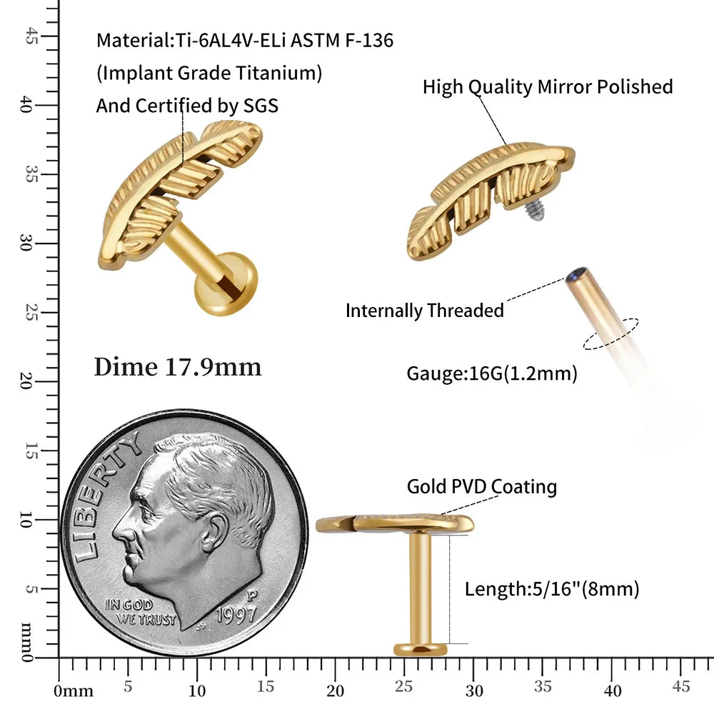 Orecchino piuma perno titanio labret stud oro argento 16G retro piatto filettato internamente