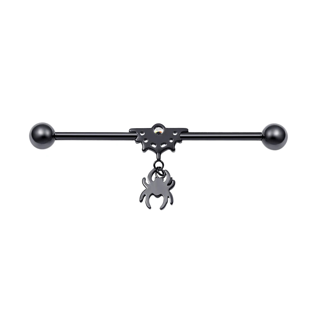 Halloween industrial bar with a spider and a web black barbell titanium