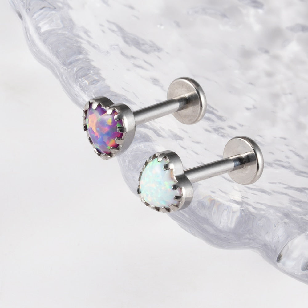 Opal helix stud earring titanium heart-shaped