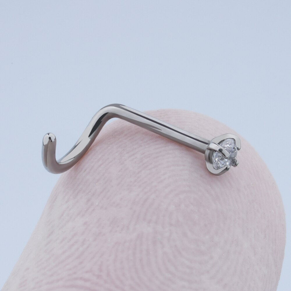 Corkscrew nose ring with round CZ titanium 20G Rosery Poetry