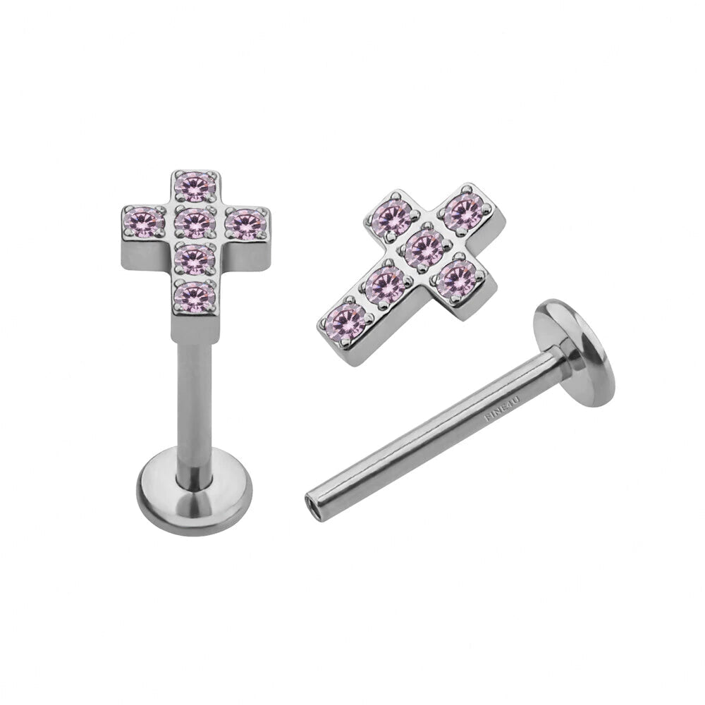 Cross nose stud blue pink clear titanium 16 gauge Rosery Poetry