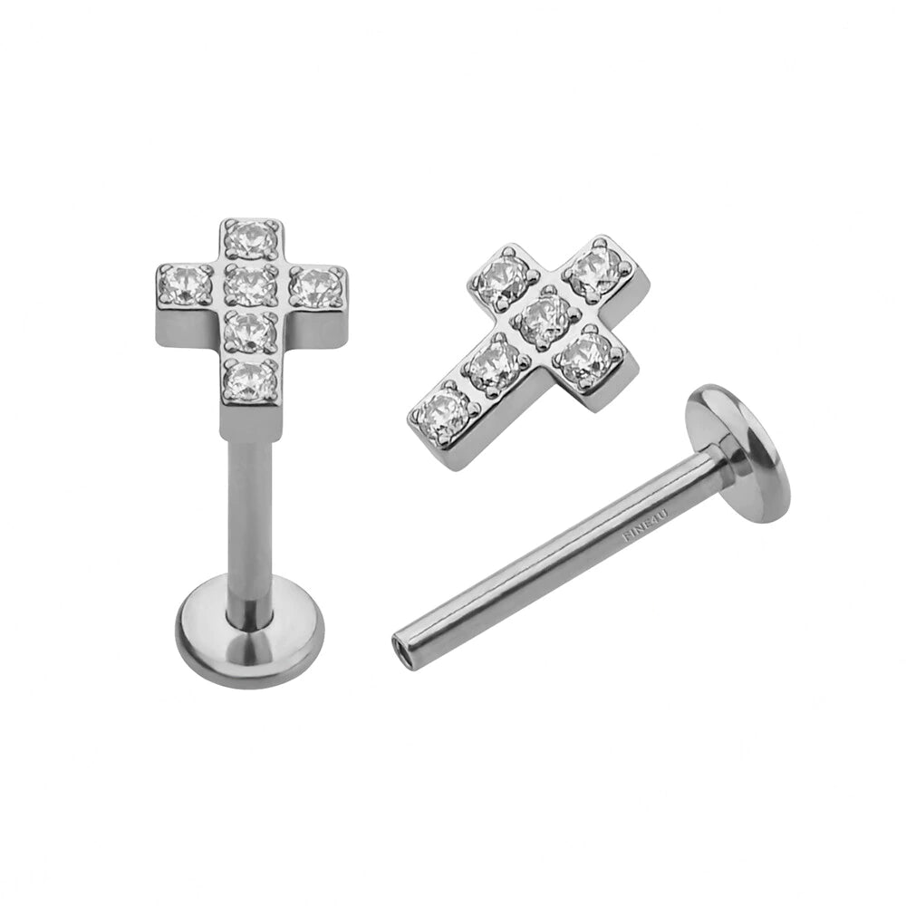 Cross nose stud blue pink clear titanium 16 gauge Rosery Poetry